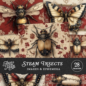 Steampunk-insectencollageafbeeldingen, mechanische vlinderlibel en bijen, ephemera vintage Clockwork bug, Junk Journal Steambugs Kit