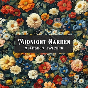 Vintage naadloze bloemmotief, donkere botanische bloem achtergrond, digitaal papier JPG, 12 x 12 inch, 300 DPI, Cottagecore-stofontwerp