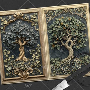 Pode incluir: Duas pe&ccedil;as de arte de parede emolduradas com esculturas em relevo detalhadas de &aacute;rvores. Uma &aacute;rvore tem folhas cinzentas, a outra verdes com bagas amarelas. Ambas t&ecirc;m molduras douradas ornamentadas e fundos azul escuro.