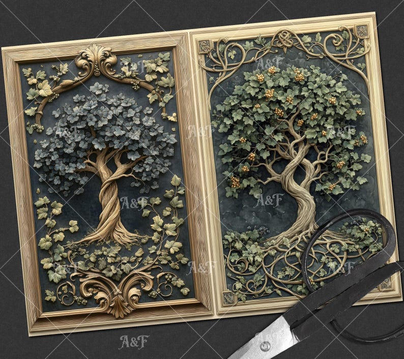 Pode incluir: Duas pe&ccedil;as de arte de parede emolduradas com esculturas em relevo detalhadas de &aacute;rvores. Uma &aacute;rvore tem folhas cinzentas, a outra verdes com bagas amarelas. Ambas t&ecirc;m molduras douradas ornamentadas e fundos azul escuro.