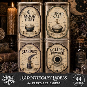 May include: Four rectangular metal tins featuring vintage-style labels with celestial illustrations and text. The labels are titled Moon Dust, Lunar Salt, Stardust, and Eclipse Powder, each including descriptive text and decorative borders in a dark palette.