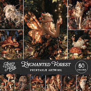 Könnte beinhalten: Eine Sammlung von 60 druckbaren digitalen Bildern mit dem Titel Ash & Fern Enchanted Forest, die Illustrationen eines weißen Einhorns, einer Fee mit Schmetterlingsflügeln, eines Wolfs, eines Gnoms, Pilzen, einer Eule und eines Fuchses zeigt.