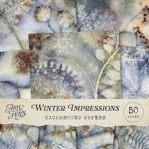 May include: A collection of 50 pages of Winter Impressions background papers featuring botanical prints in shades of blue, white, and brown. The papers display intricate leaf and snowflake patterns with a textured, aged appearance.