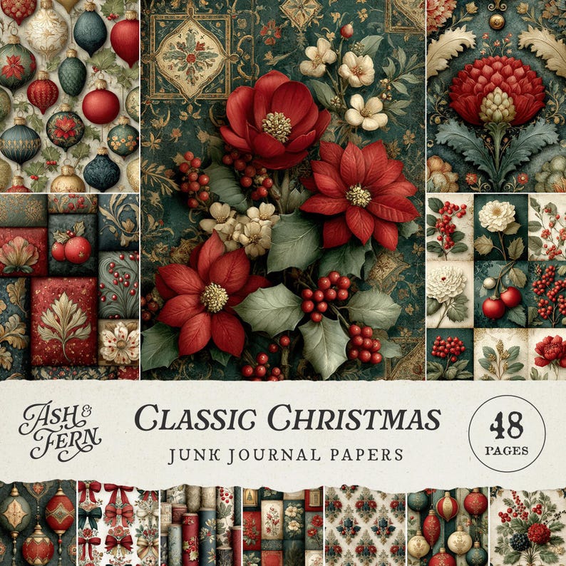 Printable Vintage Christmas Junk Journal Digital Paper, Festive Holly ...