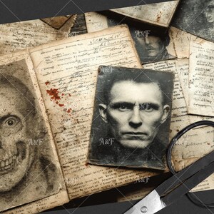 May include: A collection of aged, yellowed documents featuring handwritten cursive text, a black and white portrait of a person, a partial illustration of a human skull, and a pair of metal scissors resting on the papers with visible red ink stains.