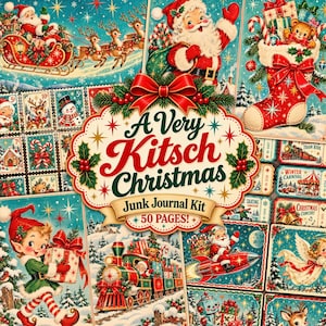 Peut inclure: Un kit de journal créatif intitulé A Very Kitsch Christmas comprenant 50 pages d'images de Noël vintage avec le Père Noël, des rennes, des lutins, des trains et des chaussettes de Noël aux motifs festifs rouges, verts et dorés.