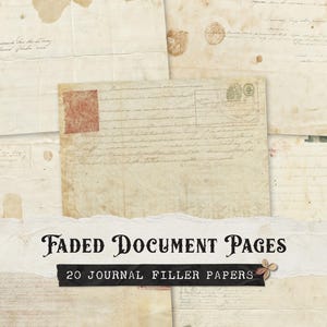 Páginas de relleno para diario basura con documentos antiguos, kit de papel digital neutro de escritura a mano estilo vintage, fondos descoloridos, grunge, envejecidos y manchados.