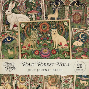 Op de afbeelding: Een verzameling geïllustreerde junk journal pagina's met een folk forest thema. De pagina's bevatten afbeeldingen van dieren zoals konijnen, herten en vossen, samen met paddenstoelen, bloemen en hemelse elementen. De tekst "Folk Forest Vol. 1" is zichtbaar.