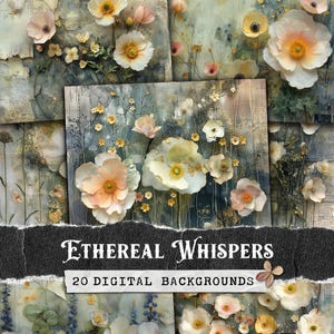 Floral Junk Journal Papers, Mixed Media Collage Botanische achtergronden, Grungy Nature Printables, Scrapbookpapier | Etherische gefluister