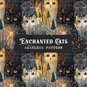 Modello senza cuciture con gatti stravaganti, simpatici gattini in una foresta, design di stampa festivo, carta digitale senza cuciture Cottagecore