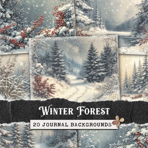 Sfondi per diario spazzatura foresta invernale, kit per diario spazzatura paesaggi innevati vintage, carta per album di ritagli festiva, fogli di collage, carte digitali