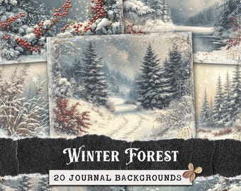 Blue Christmas Junk Journal Kit: Winter Forest Snowy Landscape Printable Digital Papers for Scrapbooking Collage & Papers Crafts