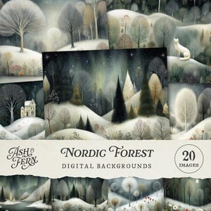 May include: A collection of 20 digital backgrounds featuring a Nordic forest theme. The images showcase winter landscapes with snow-covered hills, trees, and a serene color palette of whites, grays, and muted greens. The text "Nordic Forest Digital Backgrounds" is displayed.