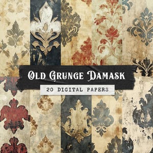 Antique Grunge Damask Digital Papers, Victorian Junk Journal Printables, Vintage Wallpaper Texture Backgrounds, Neutral Distressed Pages
