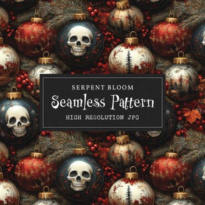 Gothic Christmas Skull Ornament Seamless Pattern for Printing | Dark Holiday Spooky Halloween Digital Paper Fabric Design Repeat File JPG