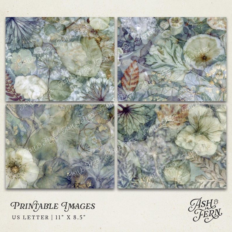 May include: Four-panel print featuring a watercolor botanical design with leaves and flowers in shades of blue, green, and white. The text "Printable Images" is at the bottom, with dimensions of 11" x 8.5". The Ash & Fern logo is in the bottom right corner.