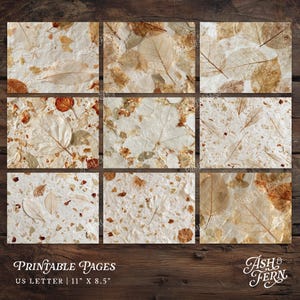 May include: A collection of nine rectangular printable pages featuring a textured off-white paper background embedded with various dried brown and tan leaves. The text at the bottom reads: PRINTABLE PAGES US LETTER 11" X 8.5" and Ash & Fern.