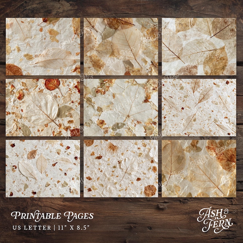 May include: A collection of nine rectangular printable pages featuring a textured off-white paper background embedded with various dried brown and tan leaves. The text at the bottom reads: PRINTABLE PAGES US LETTER 11" X 8.5" and Ash & Fern.