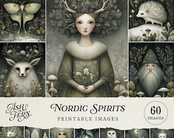 Nordic Christmas Images: Moody Green Scandinavian Folklore Winter Forest Spirits Printable Wall Art Prints, Junk Journal Cards & Crafts JPG