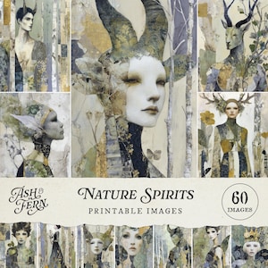 May include: A collection of digital art prints depicting ethereal figures with nature-inspired elements. The images show individuals adorned with antlers, horns, and floral accents, in a palette of muted greens, blues, and golds. The text "Nature Spirits Printable Images" is displayed.