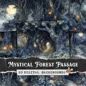 Fondos digitales de Mystical Forest Passage, páginas de diario basura con árboles de fantasía iluminados por la luna y senderos de flores silvestres, papeles para álbumes de recortes, materiales para manualidades