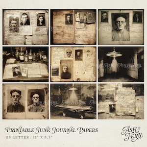 May include: A collection of printable junk journal papers featuring vintage-style sepia-toned imagery, including medical records, patient portraits, glass bottles, and hospital scenes. The pages measure 11 inches by 8.5 inches and include text.