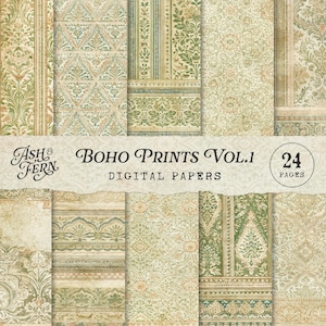 May include: A collection of 24 digital papers with a boho theme. The papers feature various patterns in shades of green, beige, and brown. The text "Ash & Fern" and "Boho Prints Vol. 1 Digital Papers" is displayed on the image.