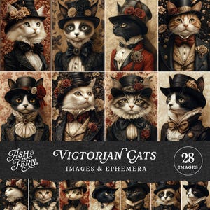 Immagini di ritratti di gatti vittoriani, effimeri gatti aristocratici steampunk, carte ATC di gatti gotici eleganti, carta da giornale vintage, arte stampabile