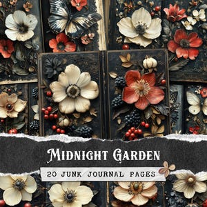 Midnight Garden Dark Floral Junk Journal Pages, Folha de colagem de natureza gótica para impressão de flores secas vintage Moody, Pacote de papel digital botânico