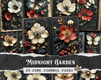 Dark Floral Junk Journal Pages: Moody Gothic Botanical Collage (Digital Paper Pack)