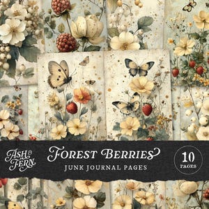 Pages de journal indésirables fruits des bois et papillons, imprimés floraux cottagecore rustiques, papiers botaniques vintage, arrière-plans de journaux d'été