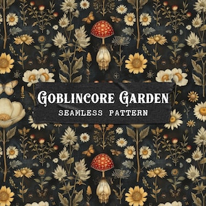 Verzauberte Waldpilze & Schmetterlinge Botanische Musterdesign Clipart | Digitales Papier Hintergrund | Stoff-Design-Wiederholungsdatei JPG