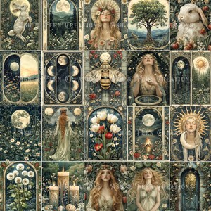 May include: A collage of 16 images featuring a whimsical, nature-inspired theme. Each image depicts a different scene, including a moon, a tree, a bee, a flower, a woman, and a rabbit. The images are framed in a decorative border and have a vintage aesthetic.