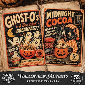 May include: Two vintage-style rectangular advertisements featuring Halloween themes. The left sign shows ghosts, a cereal box labeled GHOST-O's, and a jack-o'-lantern bowl. The right sign depicts a black cat in pajamas with a mug of cocoa.