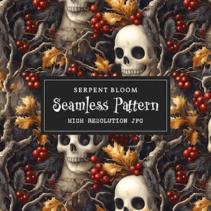 Skulls & Christmas Holly Seamless Pattern for Print on Fabric, Paper, Physical Products | Creepy Cute Gothic Digital Paper Repeat File JPG