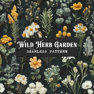 Witchy Wildblumen- und Kräutergarten-Dunkel-Cottagecore-Muster zum Ausdrucken | Digitalen Papier Hintergrund Clipart Stoff Design-Wiederholungsdatei JPG