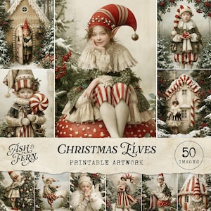 Puede incluir: Una colección de 50 imágenes digitales imprimibles con elfos navideños en diversas escenas invernales. Las ilustraciones muestran elfos con ropa a rayas rojas y blancas, gorros puntiagudos y trajes festivos, sobre fondos nevados con casas de jengibre.
