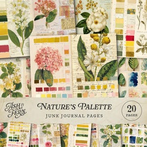 Könnte beinhalten: Eine Sammlung von Junk-Journal-Seiten im Vintage-Stil mit botanischen Illustrationen und Farbpaletten. Die Seiten zeigen verschiedene Blumen, Blätter und handschriftliche Schriftzüge mit dem Text "Nature's Palette" und "Junk Journal Pages".