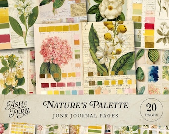 Palette der Natur Botanische Junk Journal Seiten, Vintage Blumenmusterbuch Farbstudie Digital Collage Papiere für Scrapbook Papier Handwerk JPG