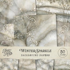 Pode incluir: Uma coleção de 50 papéis de fundo digitais intitulados Winter Sparkle da Ash & Fern, apresentando tons suaves de bege e cinza com ilustrações delicadas de bagas de inverno, galhos secos e padrões sutis de flocos de neve.