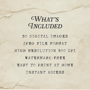 K&ouml;nnte beinhalten: Ein Bild im Vintage-Stil mit dem Text "WHAT'S INCLUDED" oben. Darunter stehen "30 DIGITAL IMAGES", "JPEG FILE FORMAT", "HIGH RESOLUTION 300 DPI", "WATERMARK-FREE", "EASY TO PRINT AT HOME" und "INSTANT ACCESS".