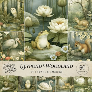 May include: A set of "Lilypond Woodland" printable images. The artwork depicts a tranquil pond scene with a frog, water lilies, and woodland creatures such as an owl, squirrel, and heron. The colour scheme is soft, with muted greens and creams.