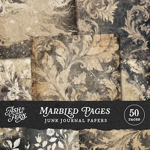 May include: A collection of marbled pages for junk journals. The pages feature a vintage aesthetic with floral and swirling patterns in shades of beige, brown, and black. The text on the image reads "Marbled Pages" and "Junk Journal Papers". The image also indicates 50 pages.