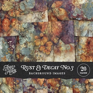 May include: A collage of textured background images with a rustic theme. The images feature a mix of autumn leaves, lichen, and weathered surfaces in shades of brown, orange, and green. The text "Rust & Decay No. 3" and "Background Images" is visible.