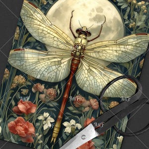 May include: A detailed illustration of a dragonfly with intricate wings against a backdrop of a full moon and a floral garden. The dragonfly is depicted in shades of brown, yellow, and white, with its wings spread wide. The moon is a pale yellow, and the flowers are a vibrant mix of red, pink, and white.