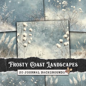 Kit de carnet de bords imprimables Frosty Coast Landscapes, Pack de papier numérique hiver, Arrière-plans de journal forestier, Papier de scrapbooking, Feuilles de collage