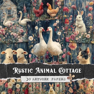 Illustrazioni di cottage rustici con animali, carte digitali con illustrazioni di animali da fattoria, kit di diario Cottagecore Junk, agnelli, oche, polli e cigni stampabili