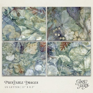 May include: Four-panel print featuring botanical illustrations in muted greens, blues, and browns. The artwork includes detailed depictions of leaves, flowers, and other plant elements. Text at the bottom reads "Printable Images" and "US Letter | 11" X 8.5".