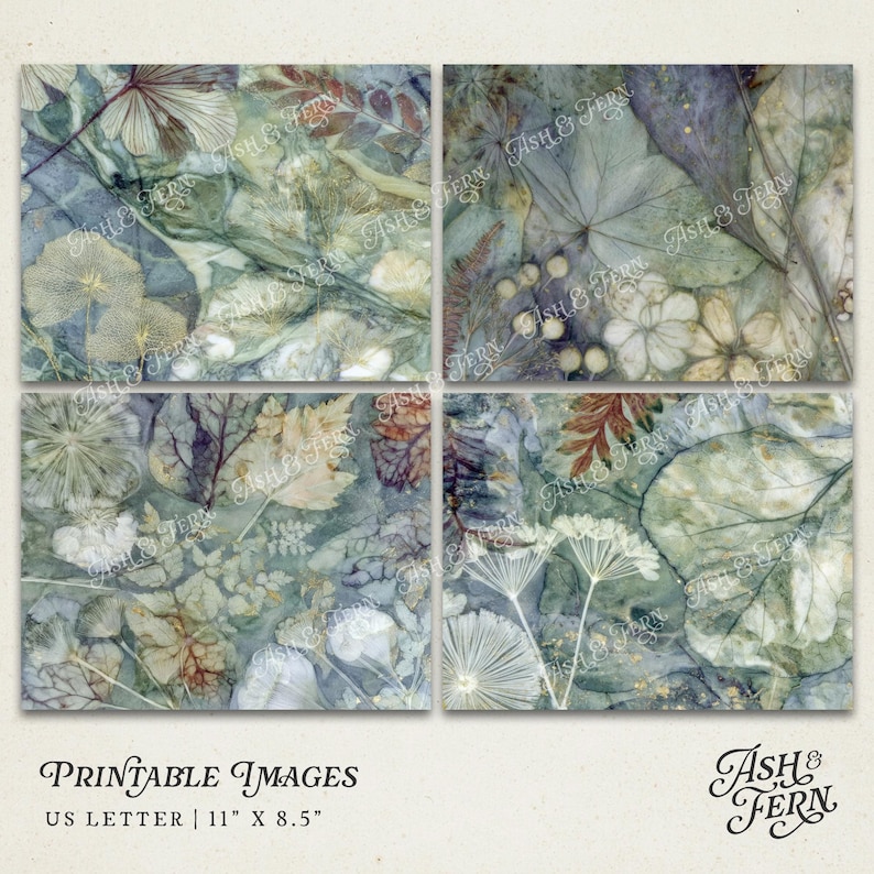 May include: Four-panel print featuring botanical illustrations in muted greens, blues, and browns. The artwork includes detailed depictions of leaves, flowers, and other plant elements. Text at the bottom reads "Printable Images" and "US Letter | 11" X 8.5".