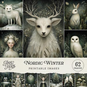 Può includere: Una collezione di immagini stampabili "Nordic Winter" con una volpe bianca, un cervo con rami simili a corna, un coniglio bianco e un gufo. Le immagini hanno uno stile morbido e pittorico con una tavolozza di colori tenui di verdi, bianchi e grigi. Il testo "Ash & Fern" e "62 Images" sono visibili.